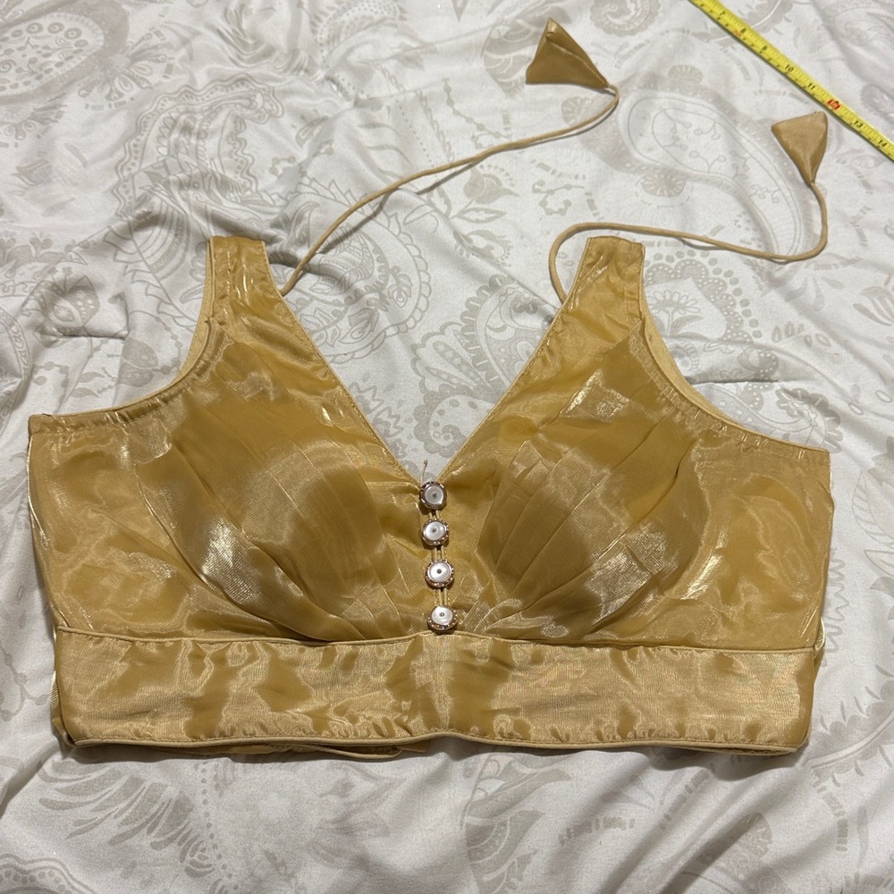 Gold Satin Crop Blouse with Button Detail